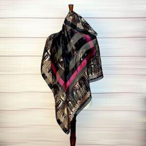 Linda Allard Ellen Tracy Silk Square Scarf Black Tan Stripped Antique Motives
